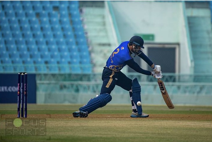 Batter playing a shot during the Red Bull Campus Cricket India 2020 final at Ekana Stadium