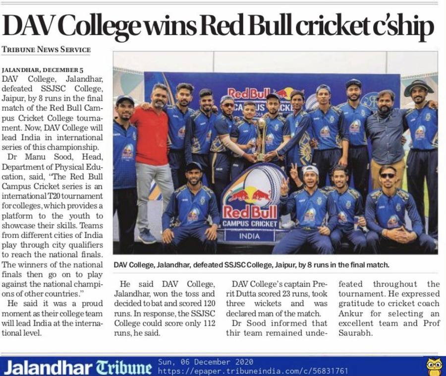 Jalandhar Tribune clipping: DAV College wins Red Bull cricket championship
